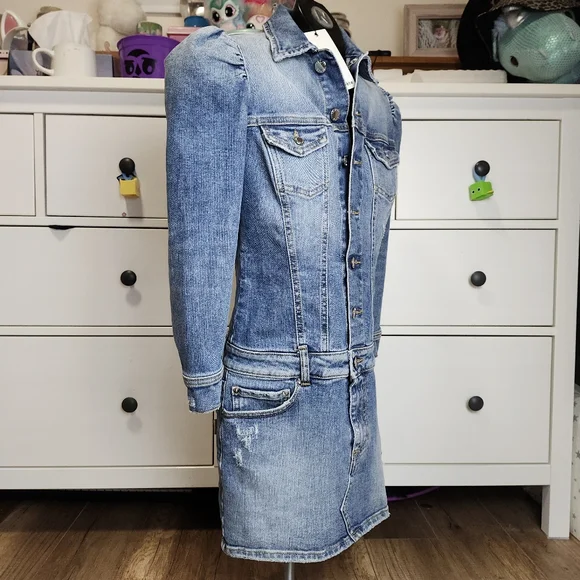 Retrofete Sibi dress Bailey distressed denim mini jean puff sleeves women's xs - Picture 9 of 17